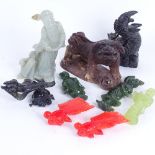 A group of Oriental hardstone carved figures, including soapstone kylin, jadeite Guanyin etc,