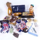 A Russian box, an Italian leather wallet, a razor, leather-cased miniature playing cards, nut