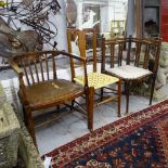 An Edwardian bow-arm chair, and similar corner chair with painted decoration, and another (3)
