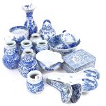 Various Oriental blue and white ceramics, including teacup, miniature vase, box and cover with