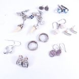 9 various pairs of silver earrings, with mother-of-pearl and stone set