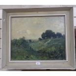 An early 20th century oil on canvas, landscape with figures, framed, indistinctly signed