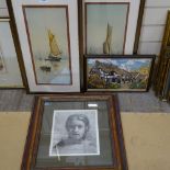 A pair of coloured prints, fishing boats, a framed portrait, and a woolwork (4)