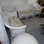 A white wicker conservatory suite, comprising a pair of 2-seater settees, and a pair of armchairs
