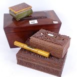 A 19th century mahogany tea caddy, 27.5cm, 2 carved wood boxes, costume jewellery, a Mauchlin Ware