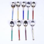 A matched set of 9 Norwegian sterling silver and harlequin enamel coffee spoons, spoon length 8.5cm