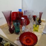 A large group of glassware, including dump paperweight, coloured glass vases, animals etc