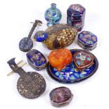 A group of Chinese cloisonne enamel items, including miniature mandolin, bird box, dishes etc (