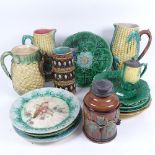 Various Majolica plates, 3 Majolica sweetcorn jugs, tallest 24cm, a 19th century motto jug, and a