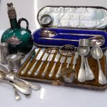 A Bristol green glass decanter, cased serving spoons, a set of 8 Walker & Hall tea knives, and a box
