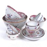 Chinese tea bowls with painted floral designs, saucers and larger bowls