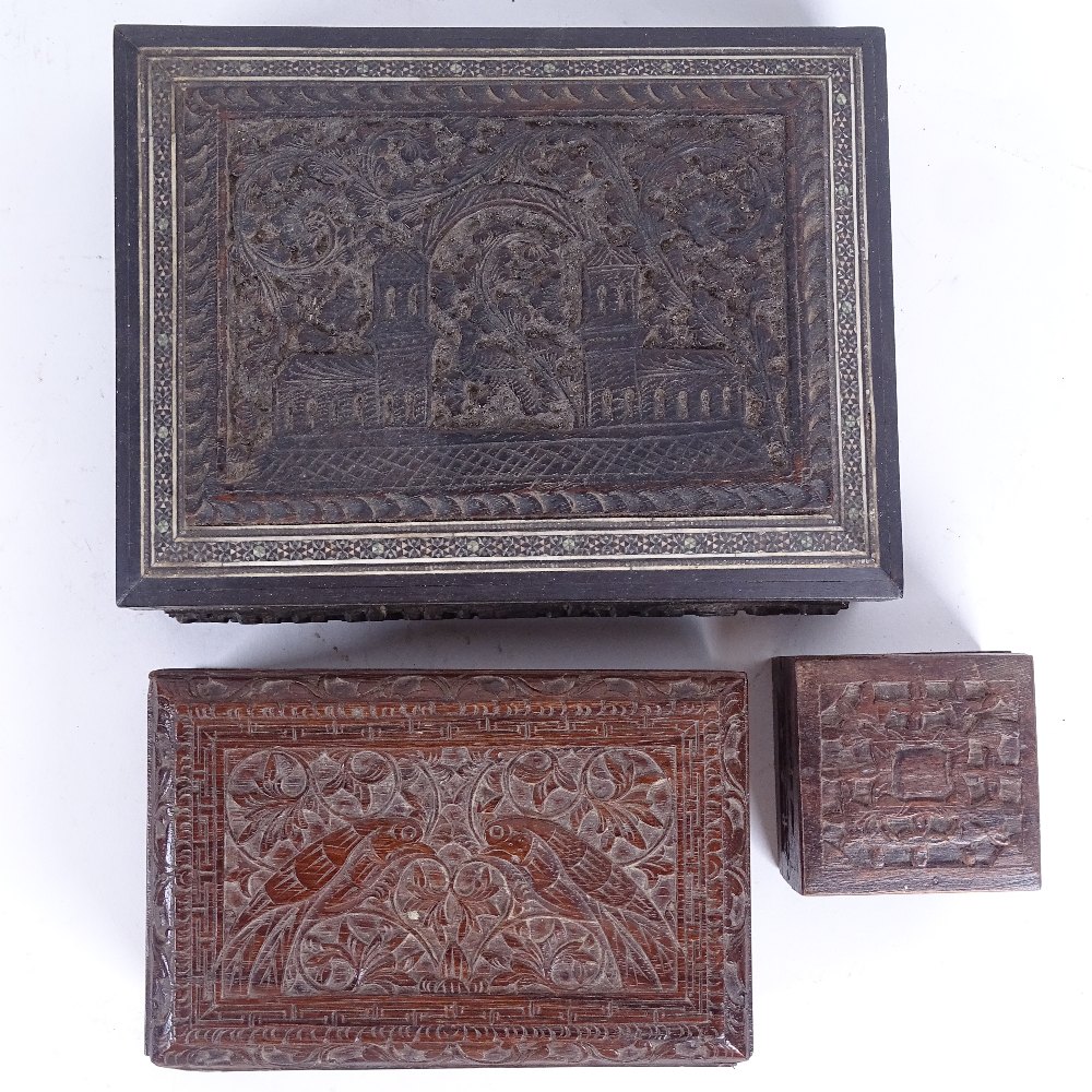 3 Eastern carved hardwood boxes, including Vizgapatam example, length 20cm (3) - Image 2 of 2