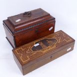 An olivewood marquetry box with inlaid Italianate decoration, length 28cm, and a Georgian tea