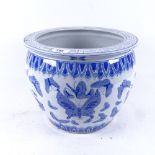 A large modern Chinese blue and white butterfly jardiniere, height 24cm, diameter 30cm