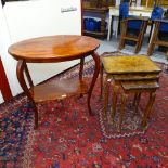 A walnut nest of 3 occasional tables, and an oval mahogany 2-tier occasional table