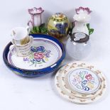 Doulton Bunnykins items, an Art Deco dish, glass pot, and a pair of Moyses Stevens floral vases,