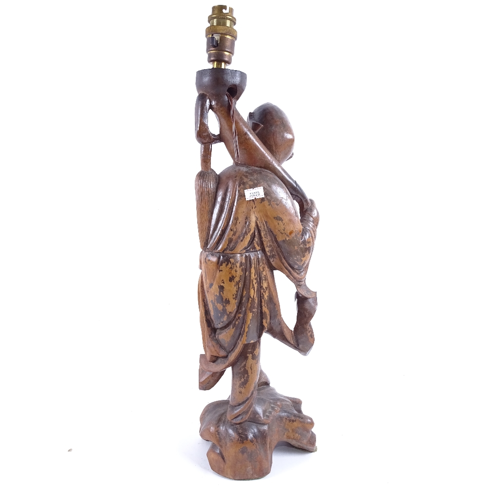 A large modern Chinese carved hardwood figural lamp, height excluding fitting 48cm - Image 2 of 2