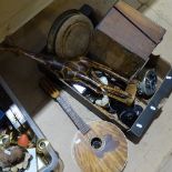 Various collectables, including banjoline, bread board, pocket watches, sculptures etc (boxful)