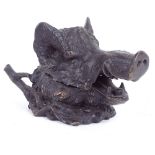 A bronze boar's head figural inkwell, signed Barrie, length 17cm