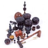 A group of miniature treen items, including turned wood boxes, Japanese carved wood netsuke etc (
