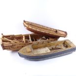 3 handmade model ship hulls, largest length 72cm (3)