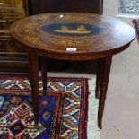 A burr-walnut oval occasional table, with allover Neo-Classical Revival design inlaid decoration,