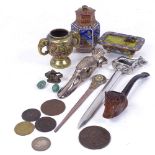 Various collectables, including 18th century coins, Chinese brass and copper elephant incense