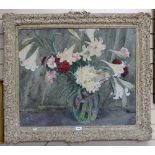 Anne Harcourt, oil on canvas, still life vase of flowers, framed, 80cm x 94cm