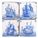 A group of Delft blue and white tiles, sailing ship designs, all approx 13cm square (4)