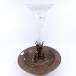 A large bronze copper and brass table centre trumpet epergne, with central etched fluted glass vase,