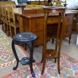 A Chinese design ebonised jardiniere stand, W32cm, H56cm, and an Edwardian mahogany and ebony-strung