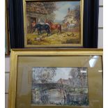 H Luther, oil on panel, farmyard animals, ebonised frame, 33cm, x 38cm, and S L Moss, watercolour,