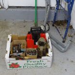 A box of miscellaneous hand tools, a copper and oak jug, fire irons etc