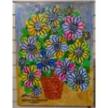 Royston Du Maurier Lebeck, acrylic on canvas, still life flowers, unframed, 82cm x 60cm