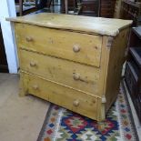 An Antique Continental stripped pine 3-drawer chest, W102cm, H85cm, D53cm
