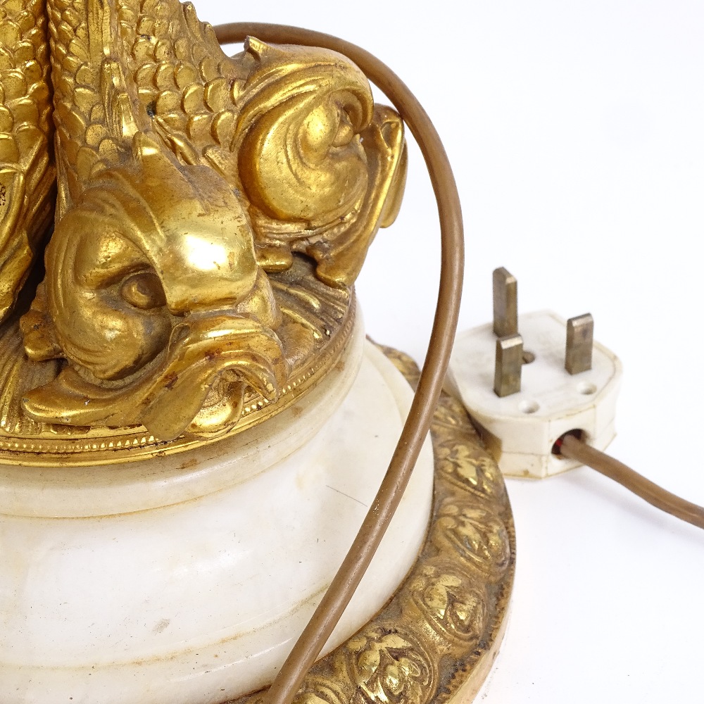 A large white marble and gilt-bronze mounted urn table lamp, with quadruple dolphin support, - Image 2 of 2