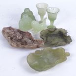 A group of jade and jadeite carvings, including fish, Buddha, stemmed cups, ashtray etc (8)