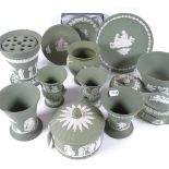 A group of Wedgwood green and white Jasperware china, including miniature vases dishes boxes etc
