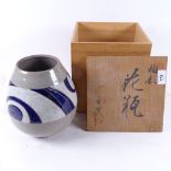 A Japanese salt glaze stoneware Studio pottery gourd vase, blue painted signature on base, height