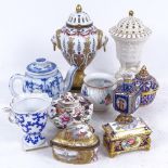A Crown Staffordshire pillbox with painted and gilded decoration, length 6.5cm, an inkstand, a