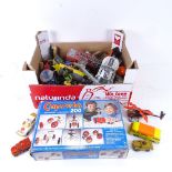A box of various diecast cars and fire engine, including Dinky, and a construction kit
