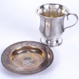 A silver Armada dish, and a boxed engine turned silver christening mug