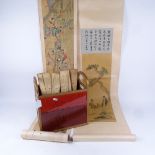 2 Chinese scrolls, a palm leaf script book with wooden bindings, and a modern magazine rack (4)