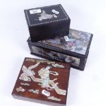 3 Oriental boxes with applied carved mother-of-pearl decoration, largest 21cm