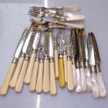 A set of 6 fruit knives and forks, with mother-of-pearl handles and silver collars, and a set of 6