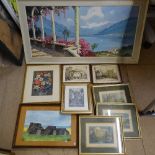 A collection of framed prints and pictures, and oil on canvas Mediterranean coastal view (9)