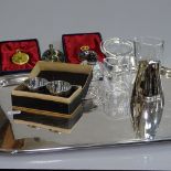 A rectangular silver plated 2-handled tea tray with inscription, a modern pocket watch, a pair of