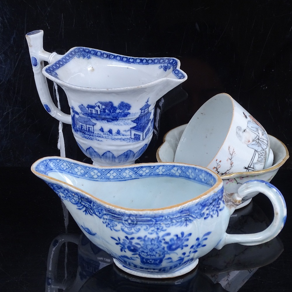 Various Chinese ceramics, including Chinese export blue and white pedestal cream jug, a triple-lobed