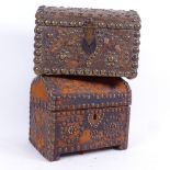 2 19th century brass-studded leather dome-top storage caskets, largest width 24cm (2)