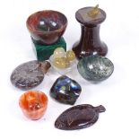 Various hardstone carvings, including miniature serpentine sundial, agate bowls, ammonite fossil,